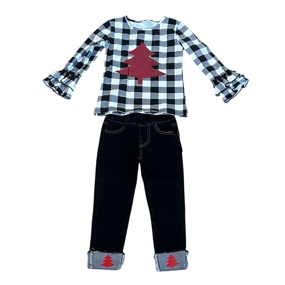 Kids Black White Buffalo Plaid Christmas Tree Ruffle Sleeve Top Pants Outfit Set